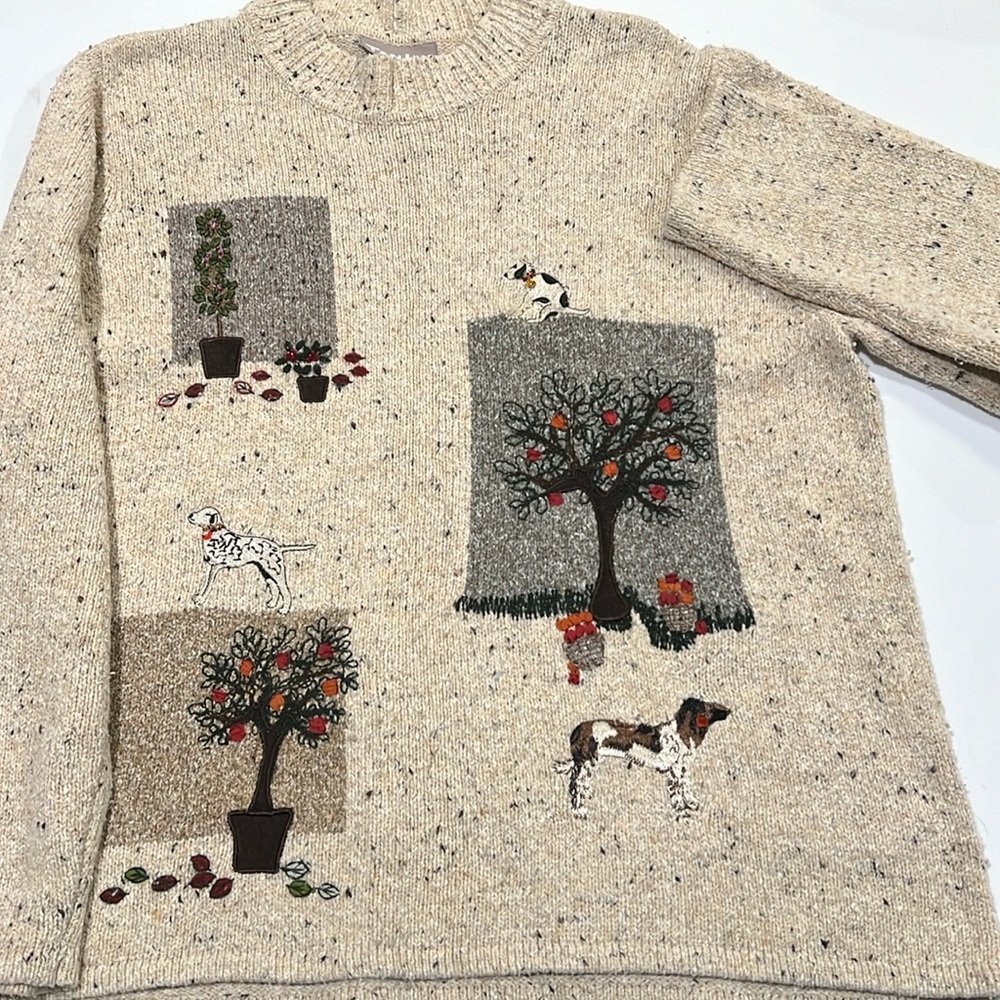 Tanjay- L, marled/oatmeal beige fall sweater with dogs‎
